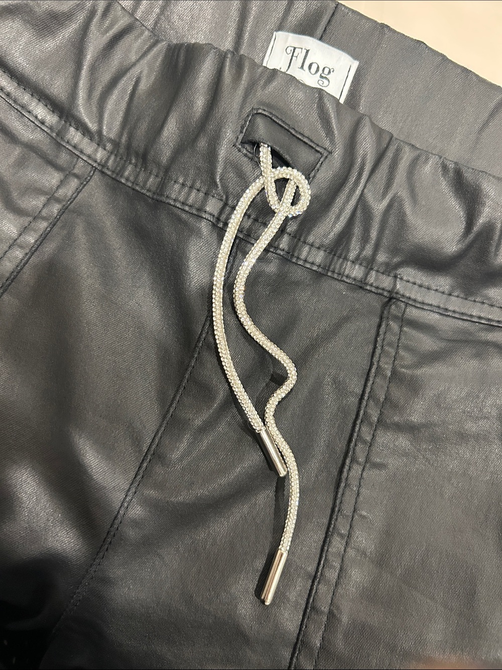 Women's Black Faux Leather Jogger Capris with Silver Drawstring